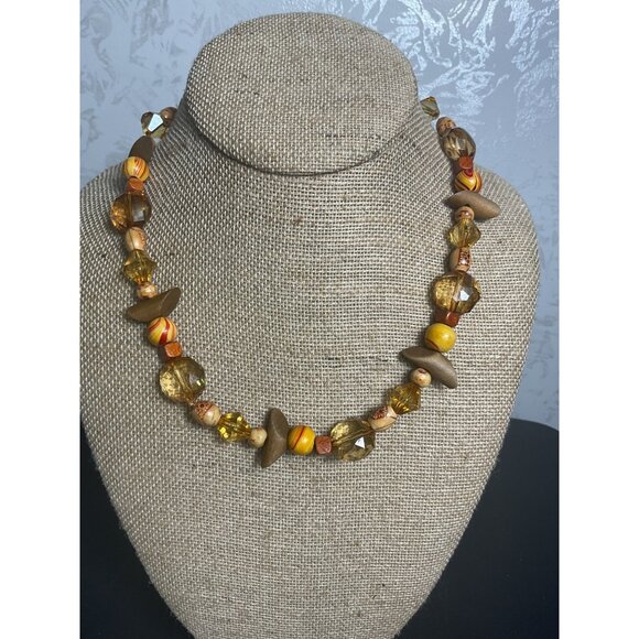 Colorful Beaded Necklace With Wooden Accents & Earthy Tones - Picture 1 of 4